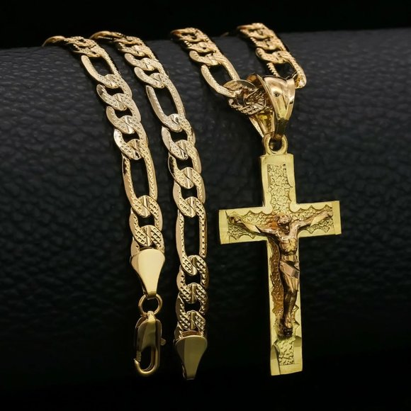 18k Men's Gold 24" Chain and Cross Pendant Set